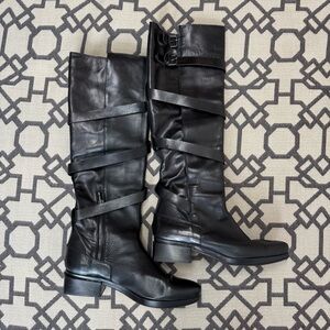 Veronique Branquinho Belgian Minimalist Black Leather Knee High Strap Boots 41